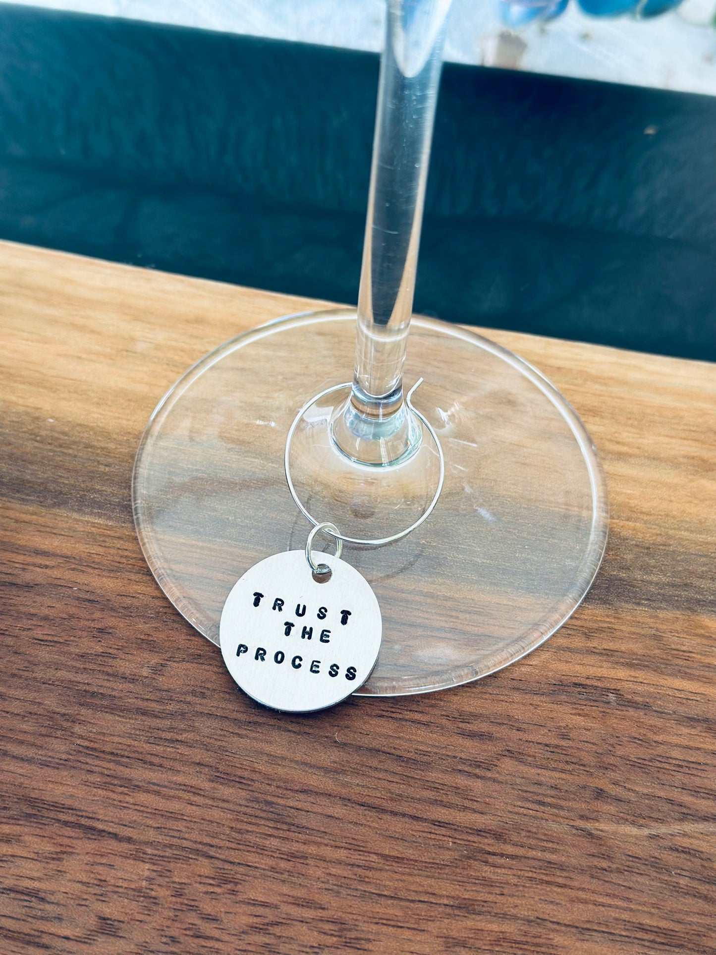 TRUST THE PROCESS wine charm hand stamped