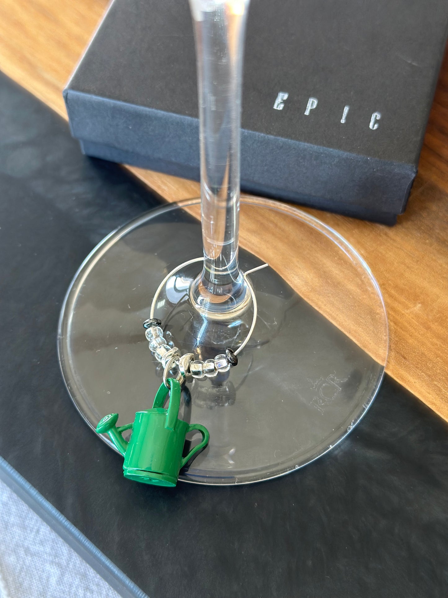 Green watering can gardening wine charm