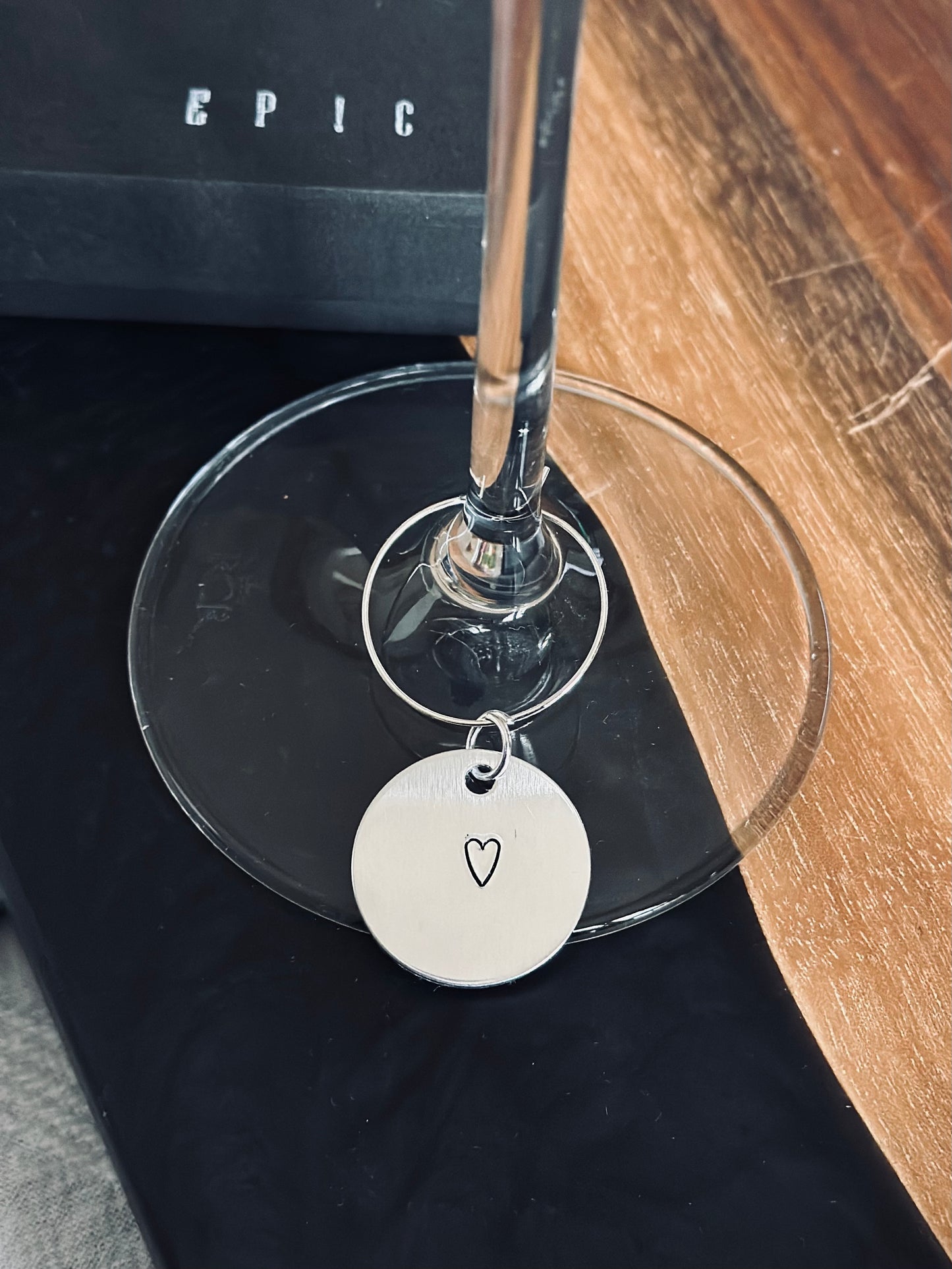 Tall heart wine charm hand stamped