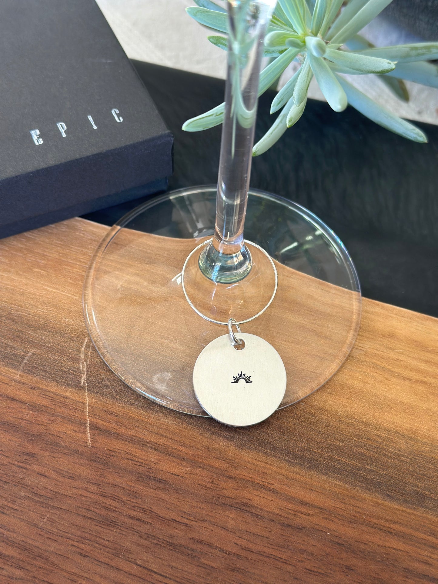 Sunrise symbol wine charm hand stamped