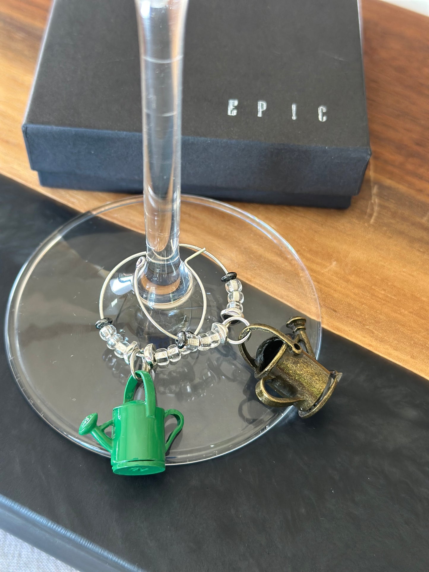 Green watering can gardening wine charm