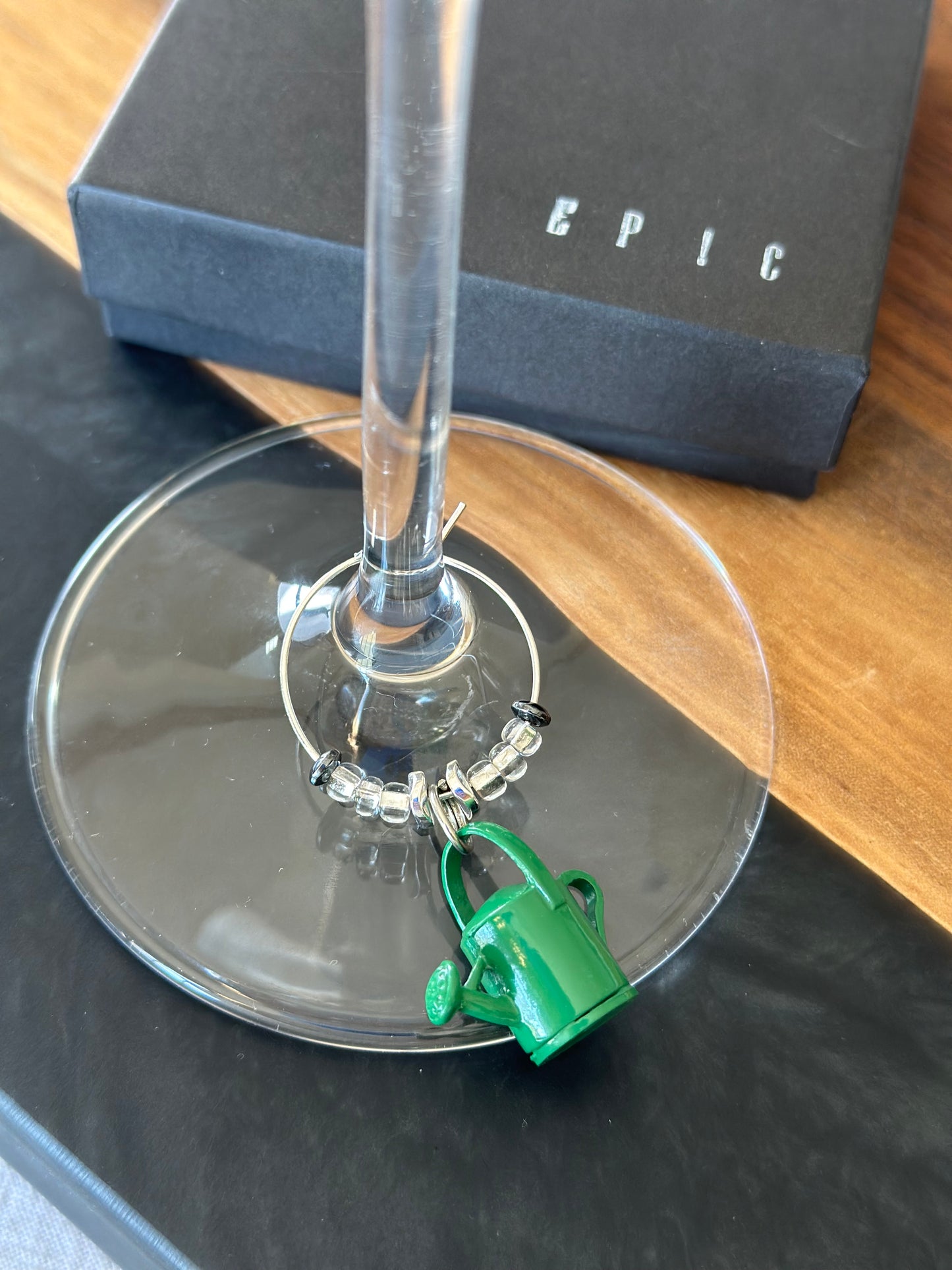 Green watering can gardening wine charm