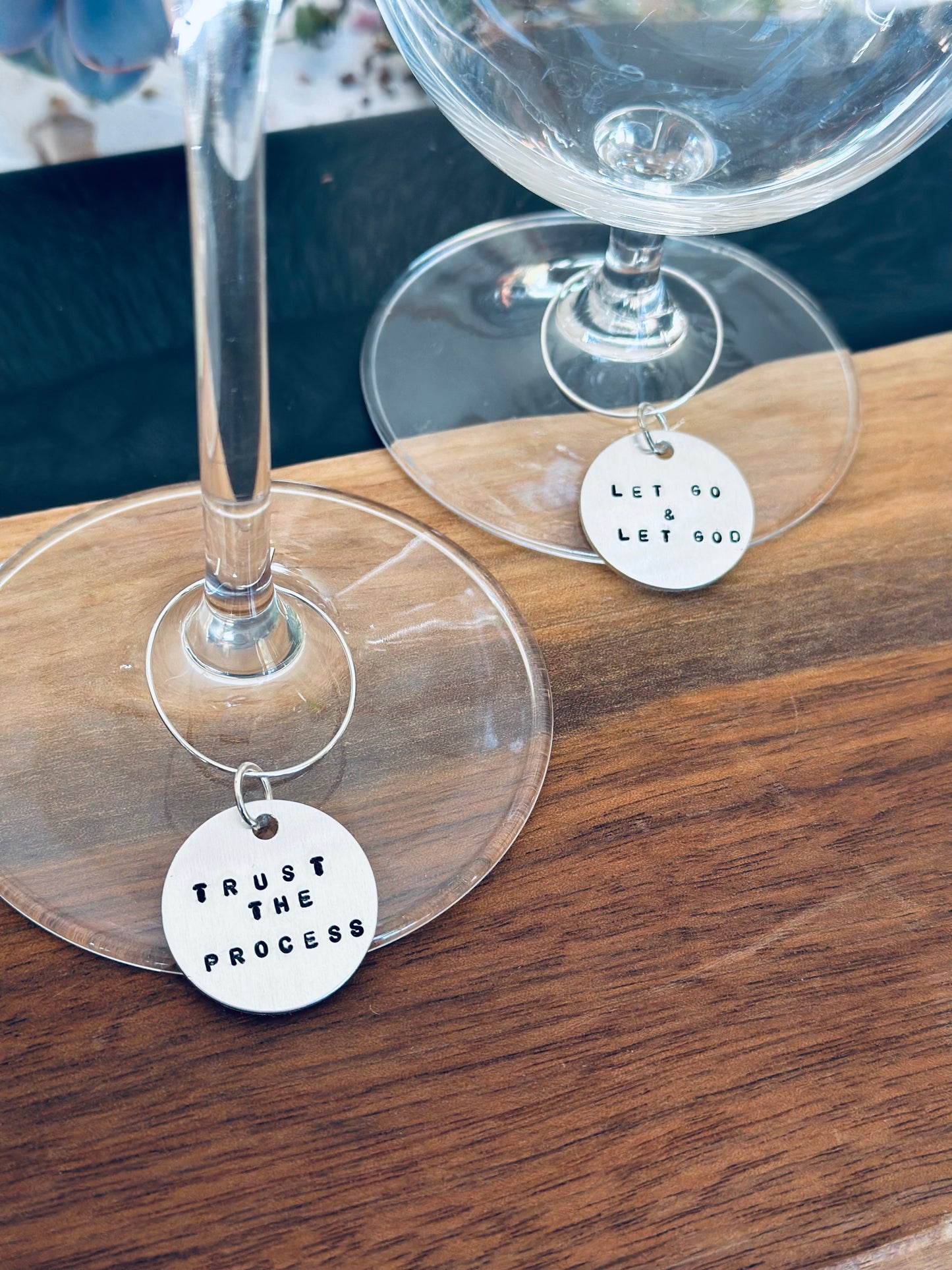 TRUST THE PROCESS wine charm hand stamped