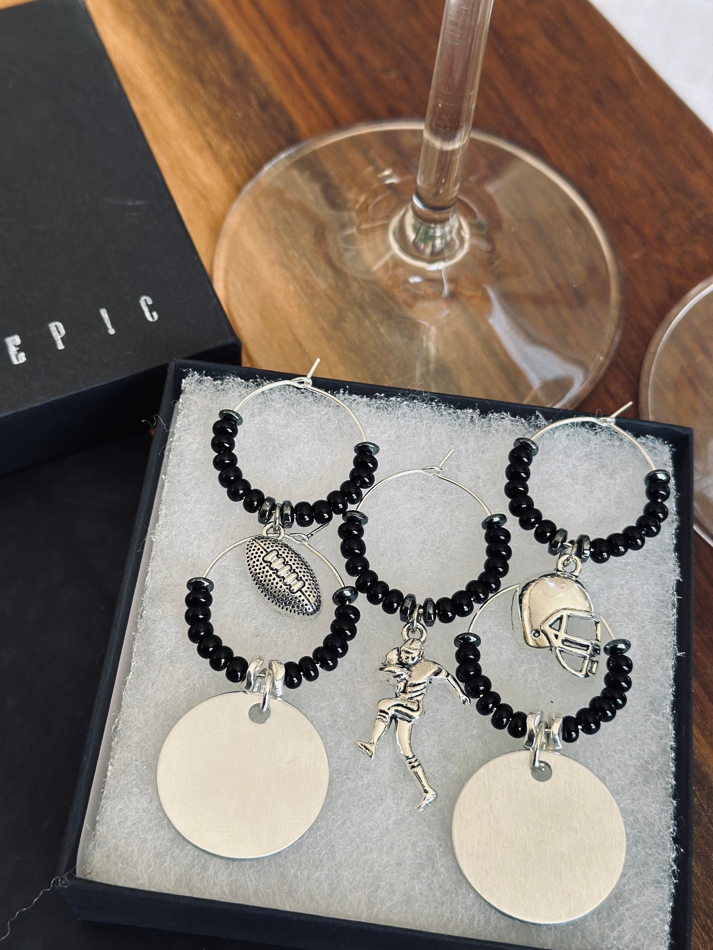 Football wine charm sets - Personalized with beads