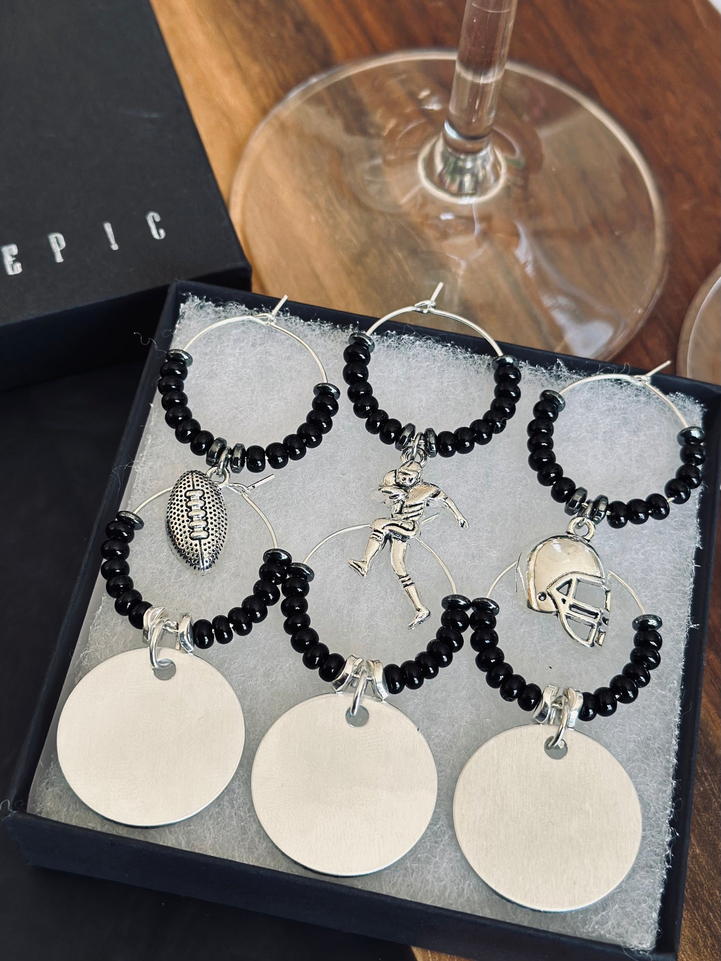 Football wine charm sets - Personalized with beads
