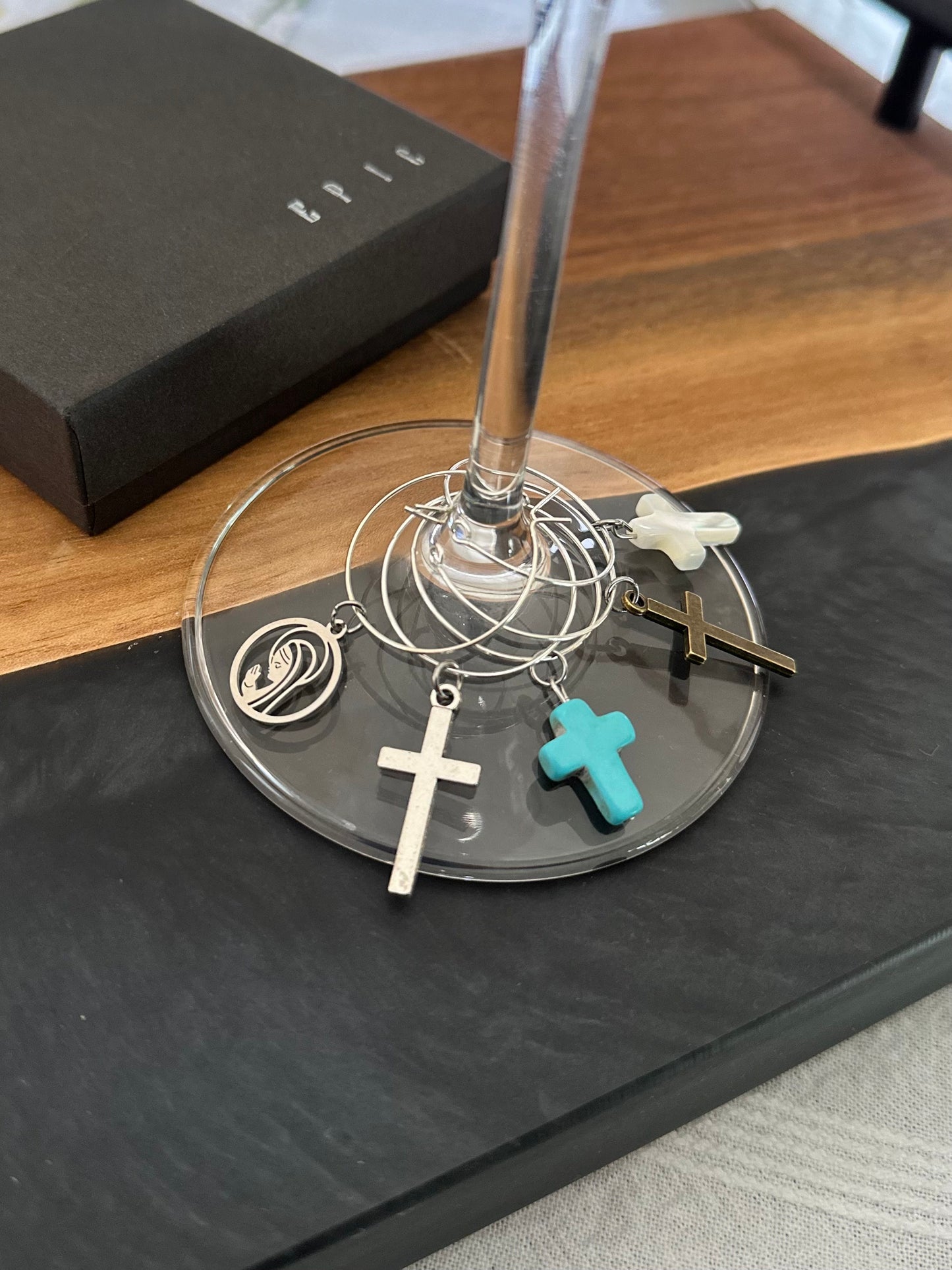 Cross wine charms with Virgin Mary praying wine charm - Set of 4 or 5