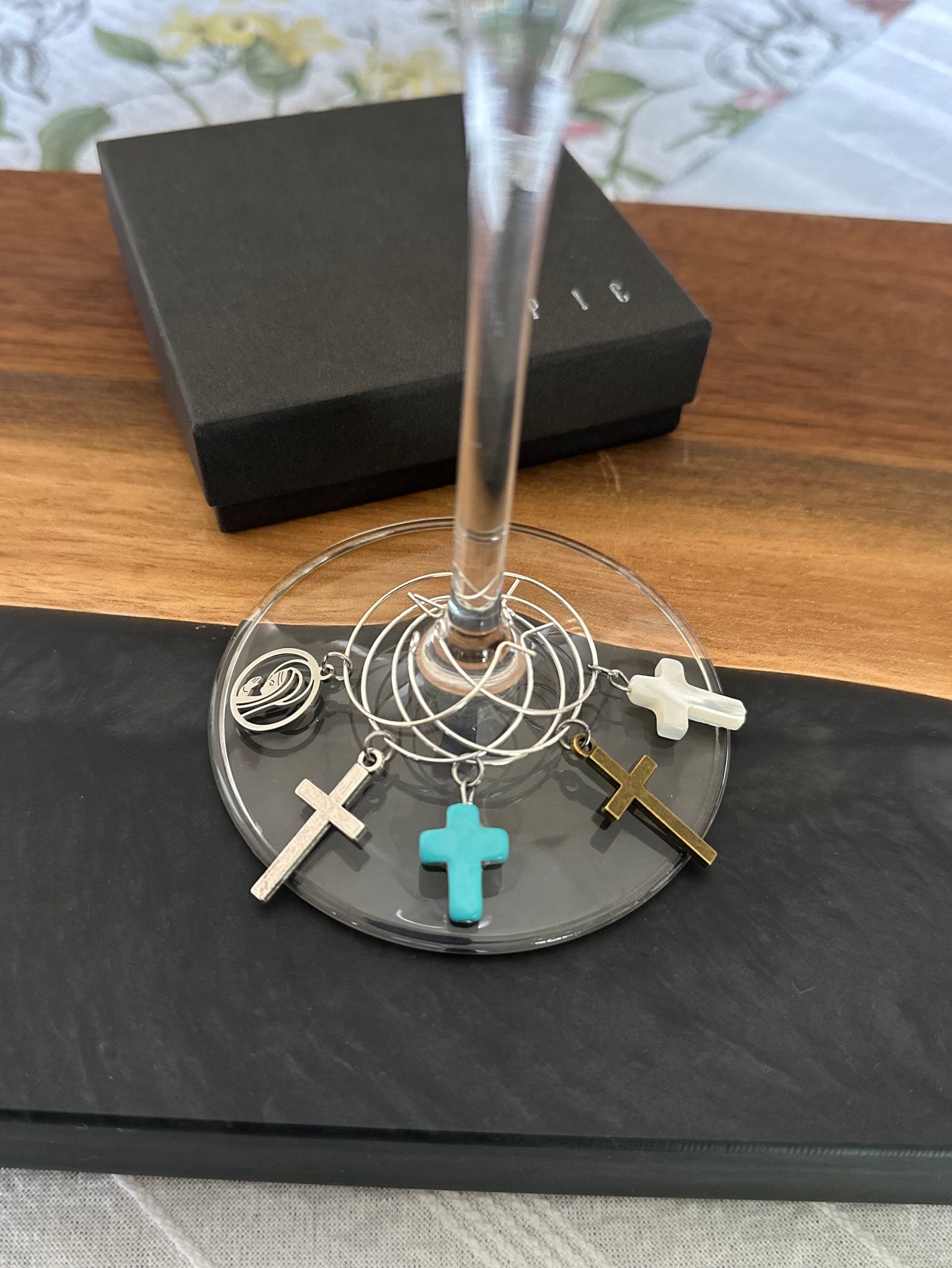 Cross wine charms with Virgin Mary praying wine charm - Set of 4 or 5