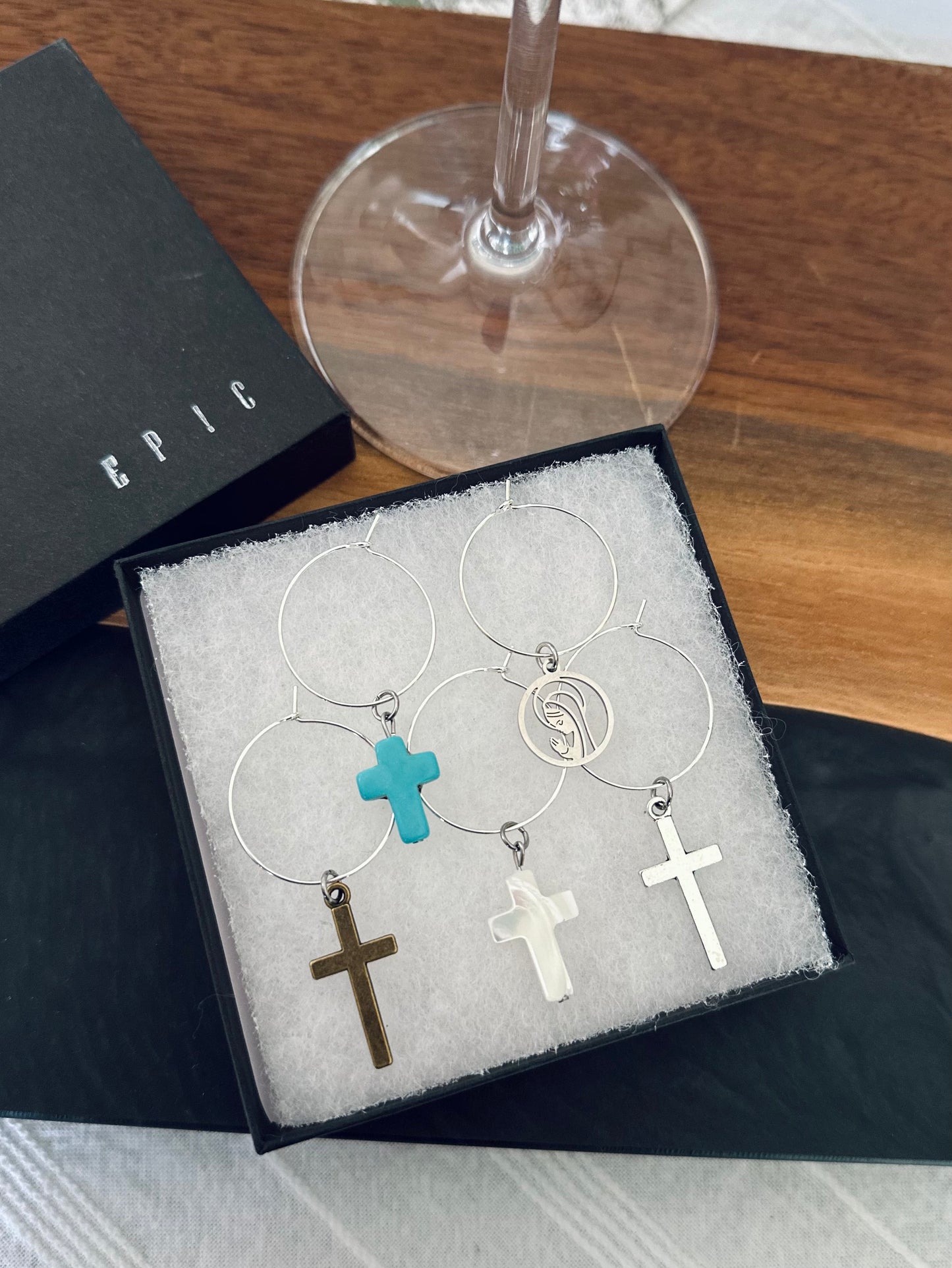 Cross wine charms with Virgin Mary praying wine charm - Set of 4 or 5