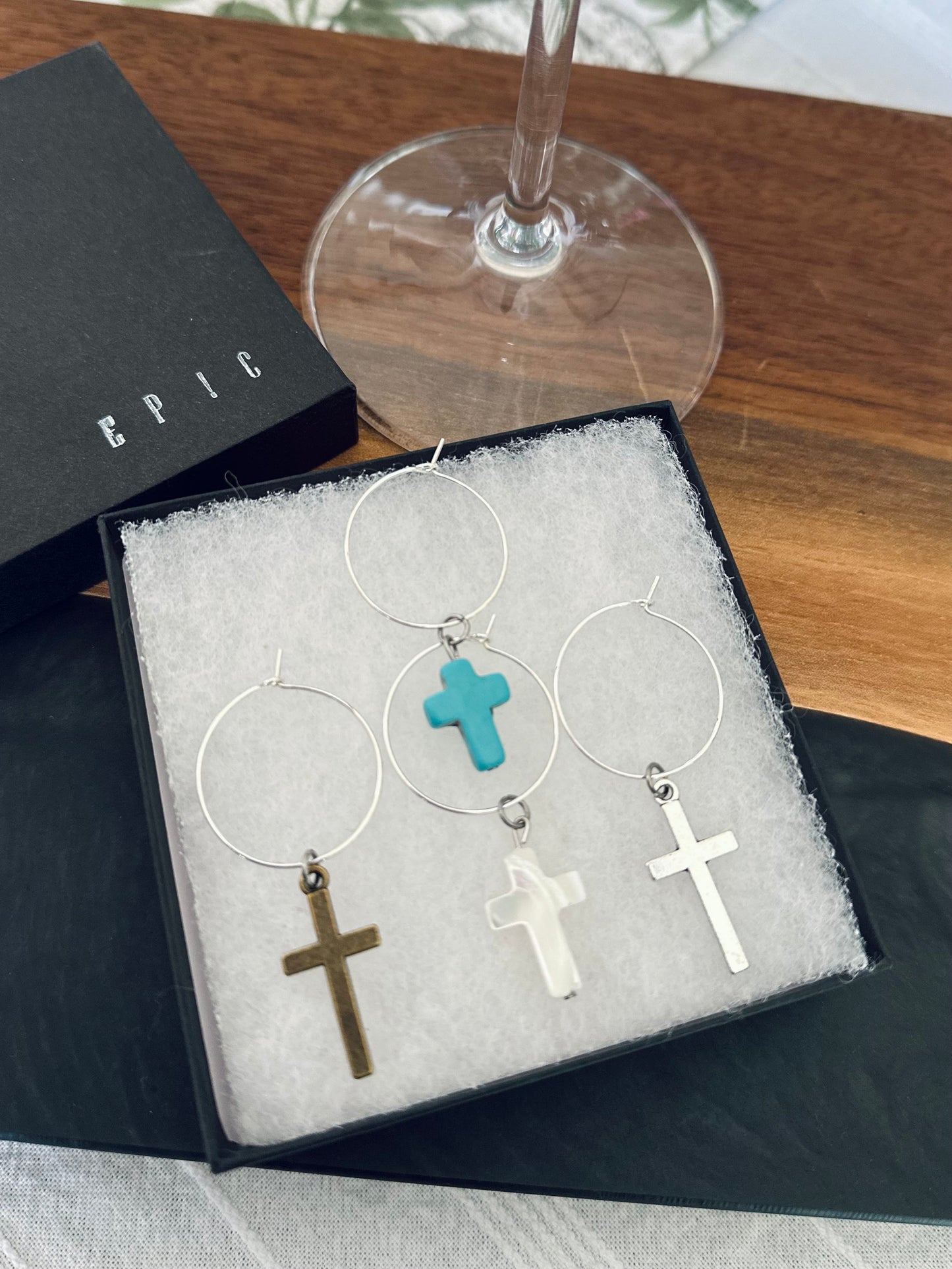 Cross wine charms with Virgin Mary praying wine charm - Set of 4 or 5