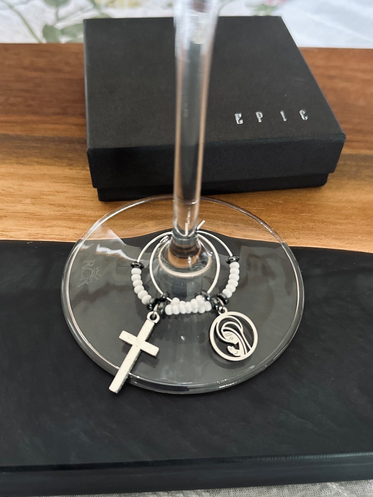 Cross wine charms with Virgin Mary praying wine charm - Set of 4 or 5