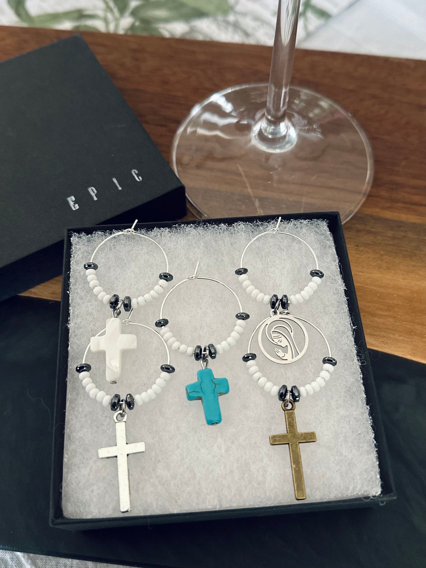 Cross wine charms with Virgin Mary praying wine charm - Set of 4 or 5