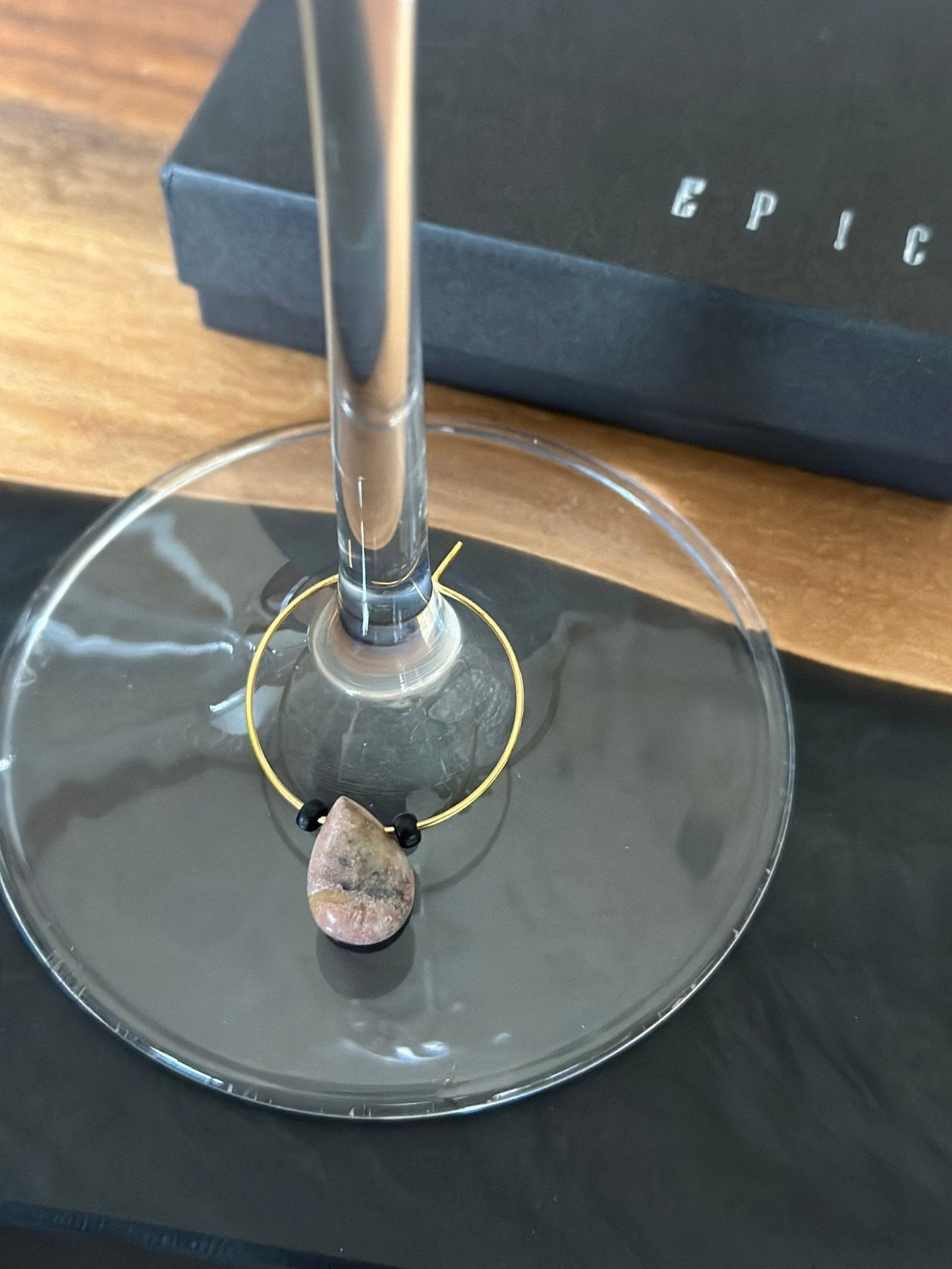 "Leaning" wine charm - Rose, Cocoa, Black Rhodonite - EpicWineCharms