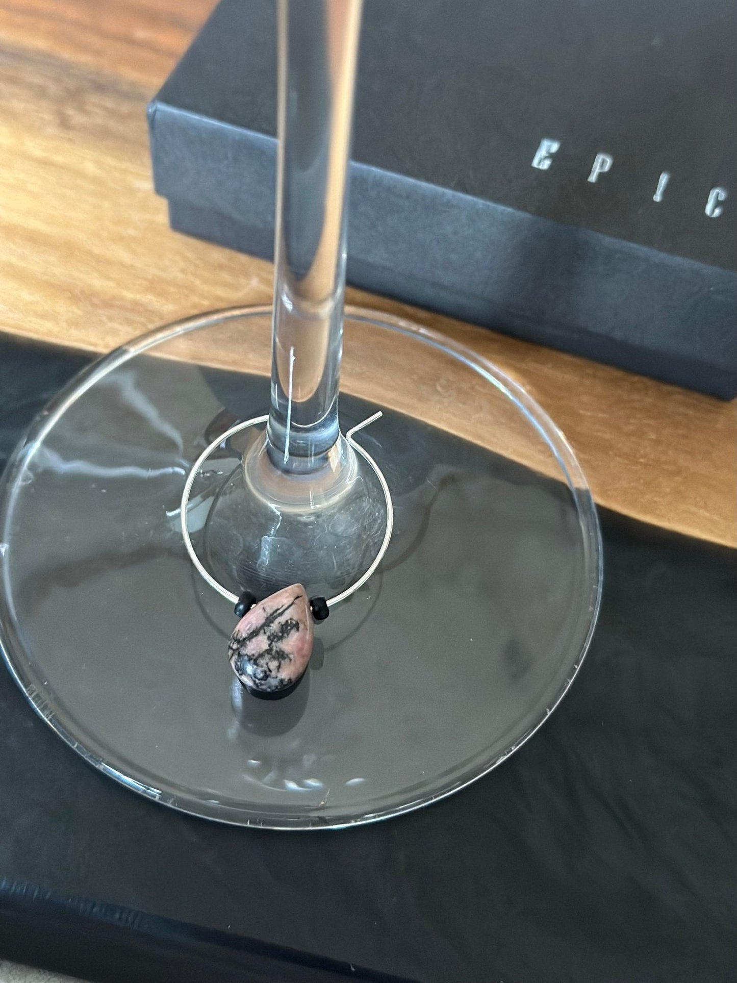 "Leaning" wine charm - Rose, Cocoa, Black Rhodonite - EpicWineCharms