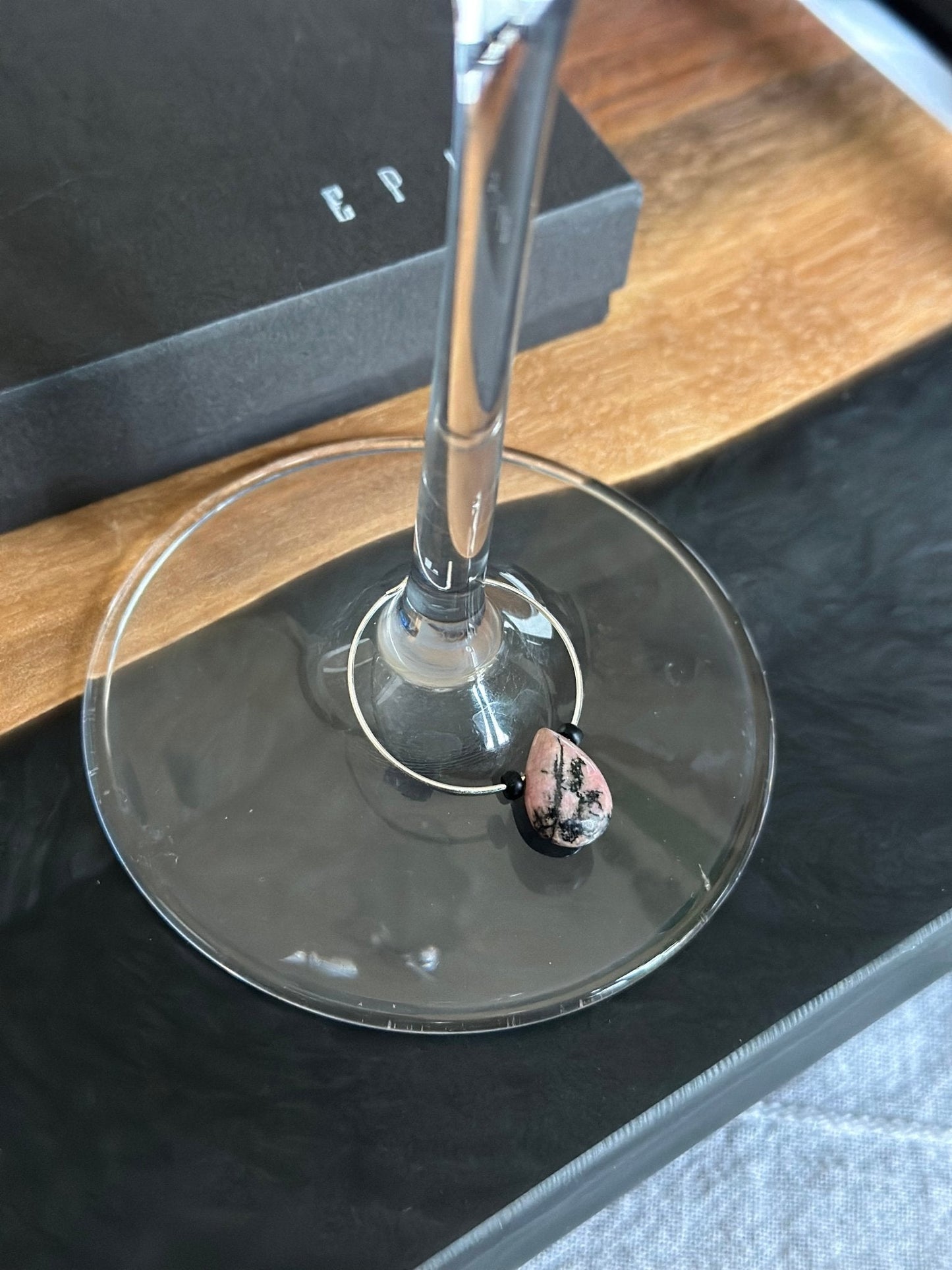 "Leaning" wine charm - Rose, Cocoa, Black Rhodonite - EpicWineCharms