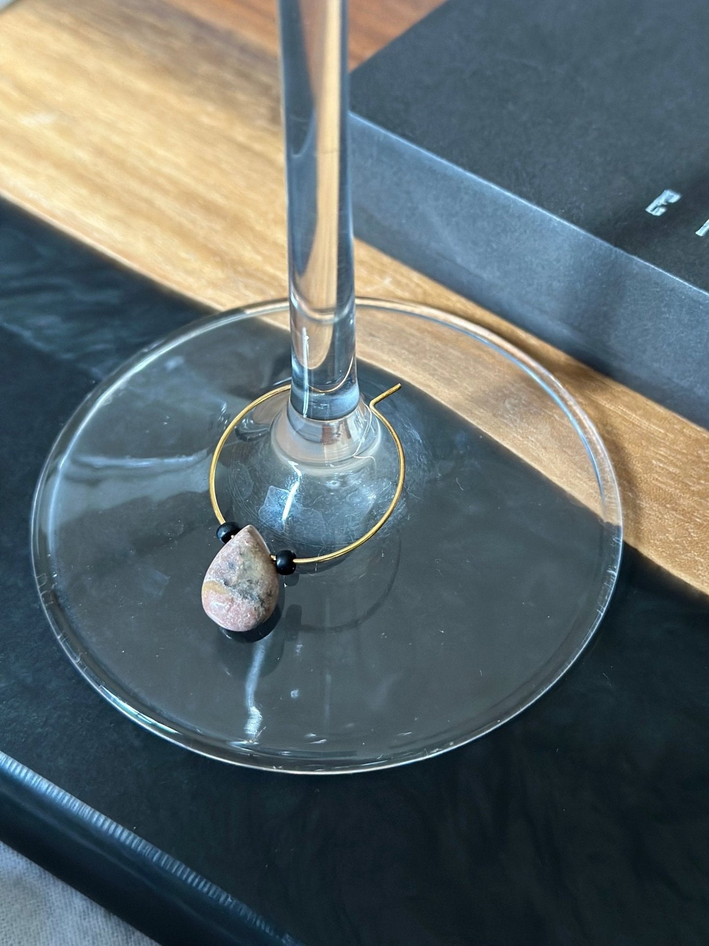 "Leaning" wine charm - Rose, Cocoa, Black Rhodonite - EpicWineCharms
