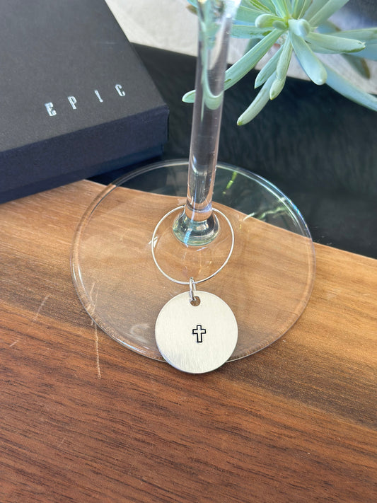 Cross wine charm hand stamped