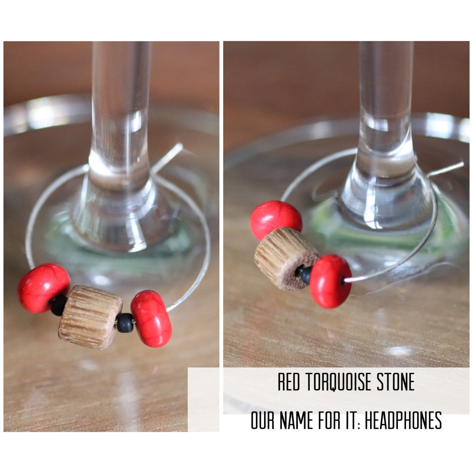"Headphones" wine charm - Red turquoise stone and wood - EpicWineCharms