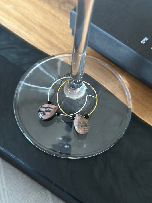 "Leaning" wine charm - Rose, Cocoa, Black Rhodonite - EpicWineCharms